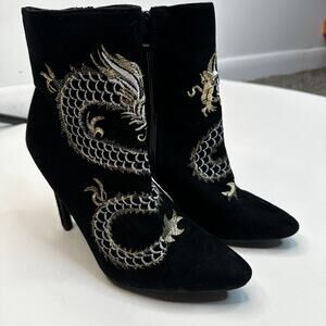 Italina Silver Gold Dragon Embroidered Black Suede Boots